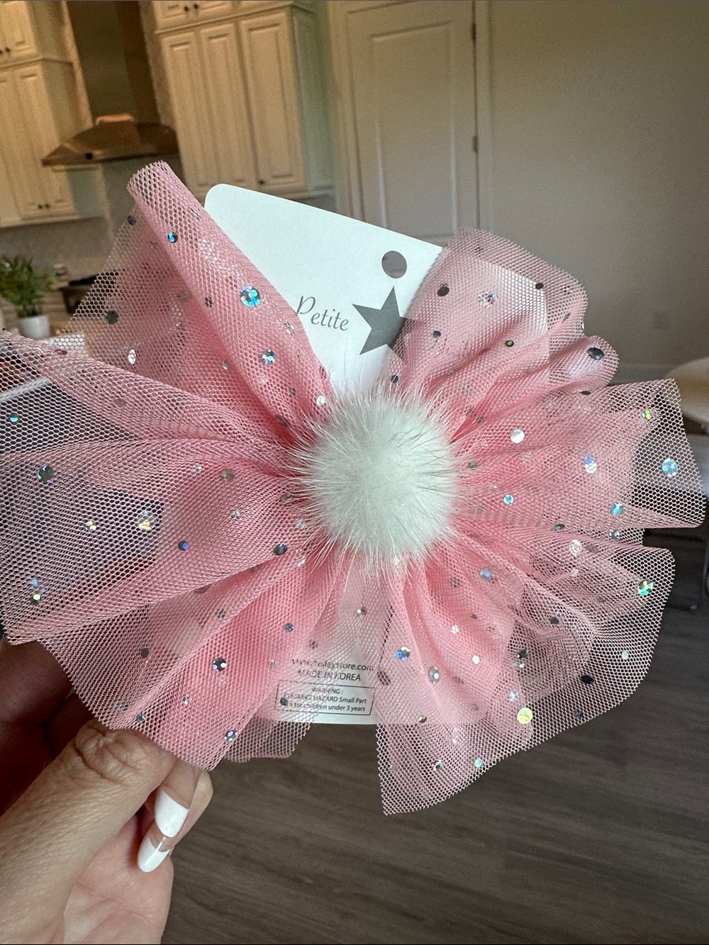 Pink Sparkle Tulle Bow Hair Clip with White Pom - Petite